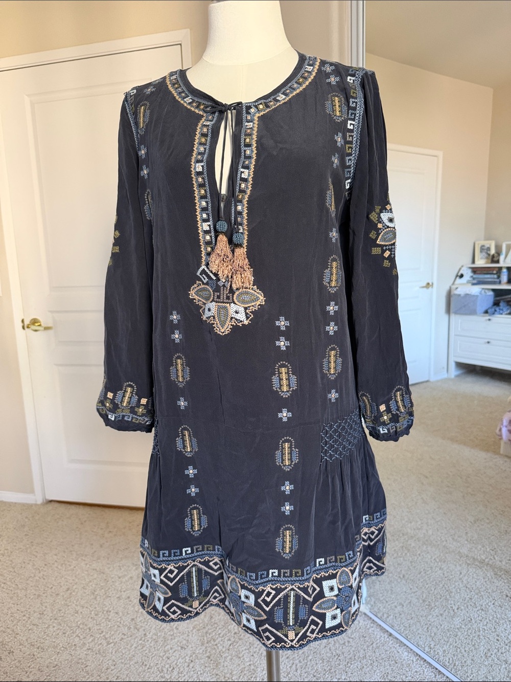 Calypso St. Barth 100% silkNavy Embroidered Long-Sleeve Tunic Dress with Tassels